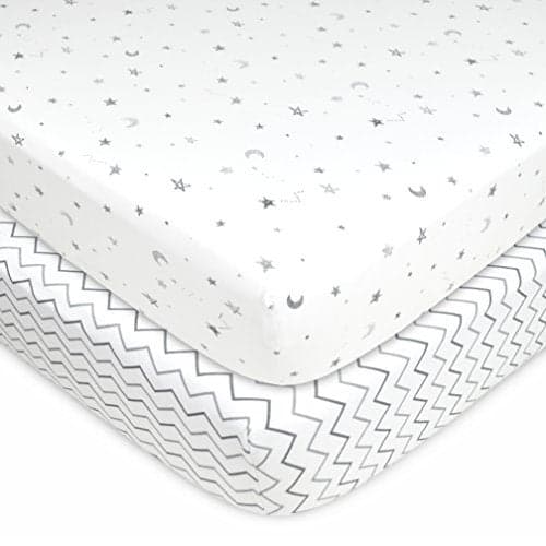 American Baby Company 2 Pack 100% Natural Cotton Fitted Crib Sheets 52" x 28" - Soft, Breathable, Hypoallergenic & Gentle Toddler Bed Sheets, Gray Star/Gray Zigzag, Neutral for Boys & Girls