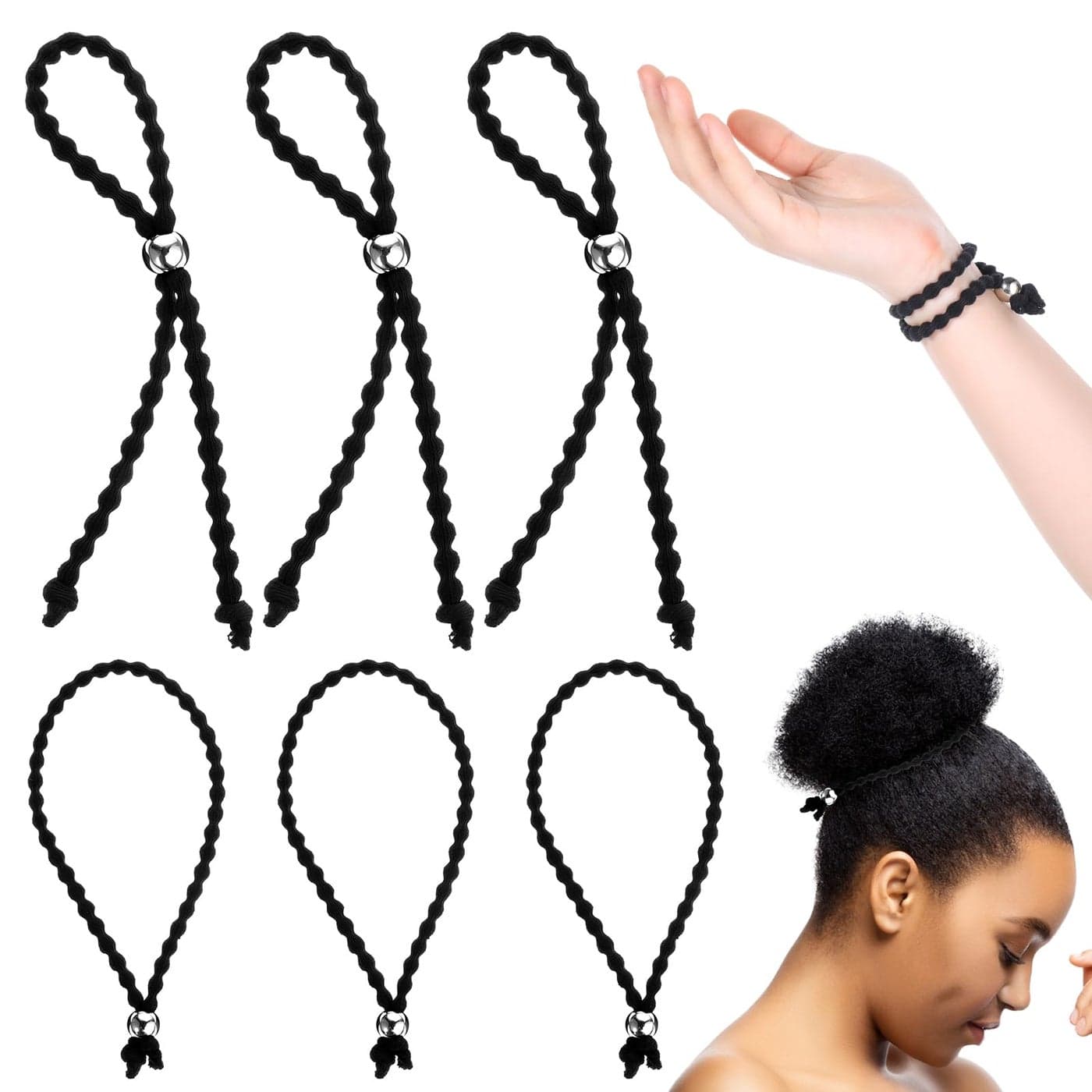 JIYIN 6 Pcs Adjustable Length Hair Ties for Thick Hair Afro Puff Black Women Girls Silk Soft Ponytail Holder Puff Cuff Natural Hair Ties Loc Headband for Braided Kinky Curly Pineapples NoSlip Design