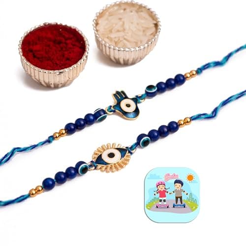 CraftVatika Evil Eye Rakhi Set of 2 for Brother Bhaiya Designer for Boy Kids Rakshabandhan Hamsa Hand with Magnet