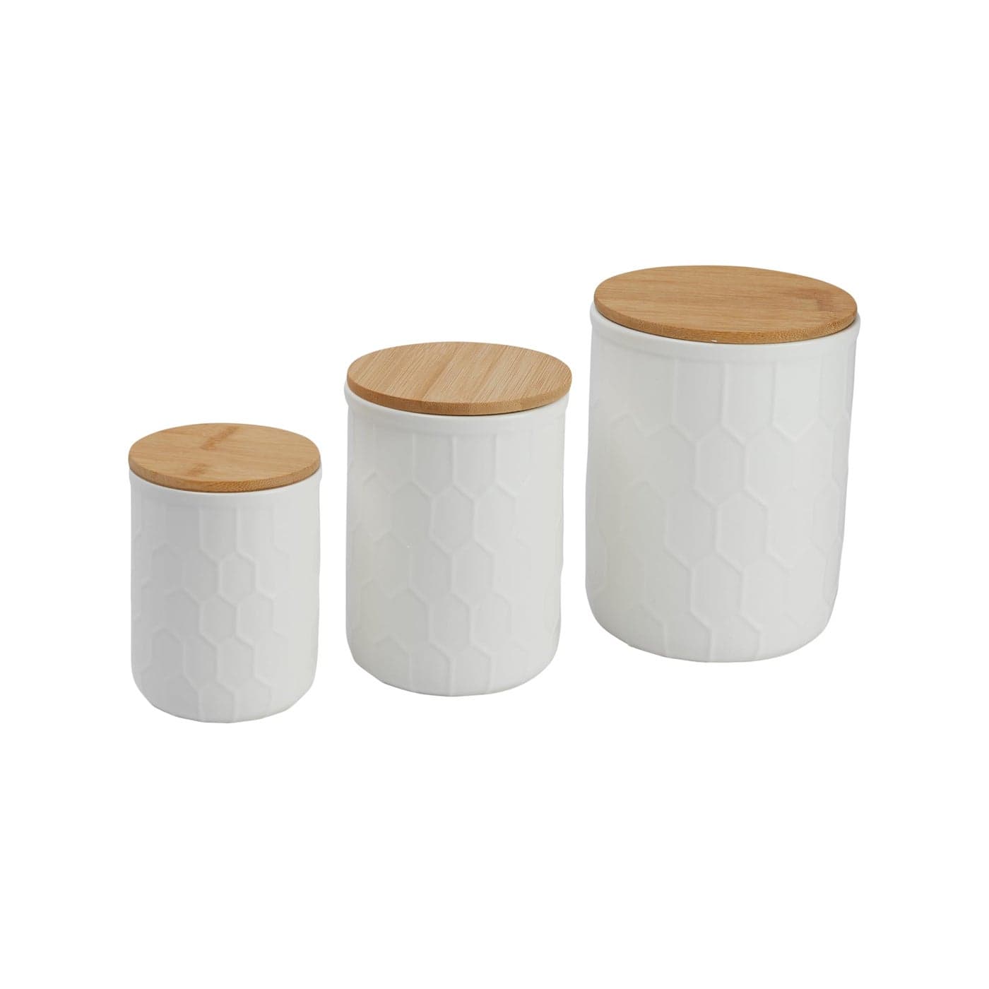 Bloomingville Farmhouse Stoneware Canisters with Honeycomb Design and Bamboo Lids White and Natural Set of 3 Sizes