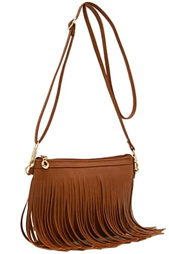 FashionPuzzle Small Fringe Crossbody Bag with Wrist Strap (Tan)