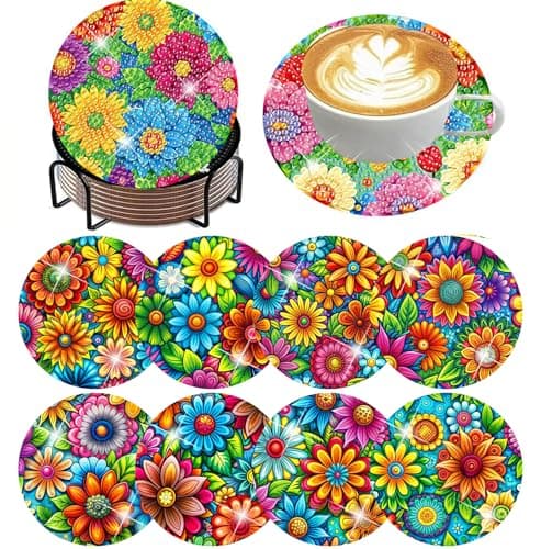 ijbnhd 8 Pcs Diamond Art Coasters with Holder-DIY Flowers Diamond Painting Coasters 5D Gem Art Flowers Coaster with Cork Pads for Adults for Holiday Gift (4X4)