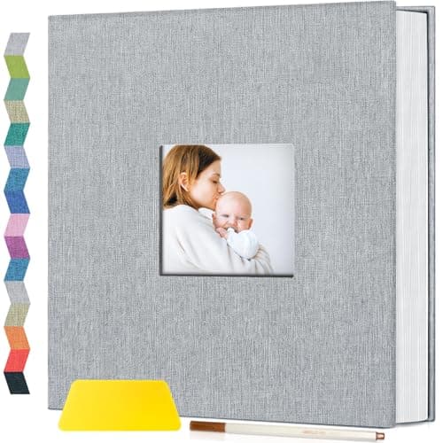 Popotop Photo Album Self Adhesive with Picture Display Window,40 Pages DIY Baby Memory Book for 4x6 8x10 Picture,Linen Cover Scrapbooking Supplies Kit for Wedding,with Scraper and Metallic Pen