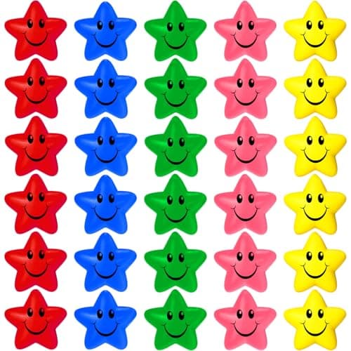 Sumind 30 Pcs Star Stress Balls Smile Face Foam Squeeze Balls 216 Inch Foam Squeeze Star for Stress Relief Classroom Carnival Reward Anxiety Fidget Sensory SuppliesRed Blue Green Pink Yellow