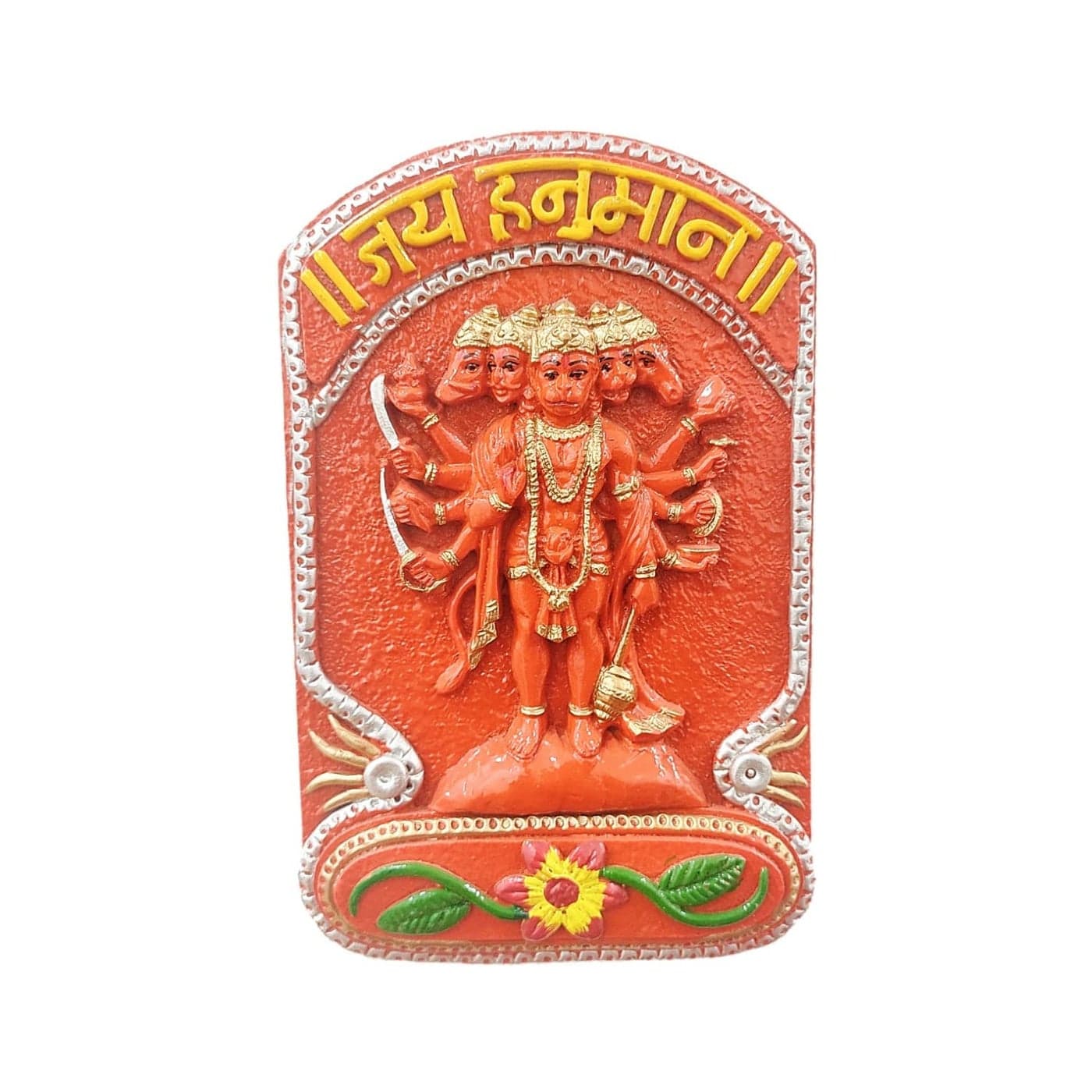 ZariiWalaa Panchmukhi Hanuman Ji with Beautiful Flower Engraved Vastu Plate Wall Hanging Decorative Showpiece Height 8 Inch Width 5 Inch ZARIIWALAAResin Orange