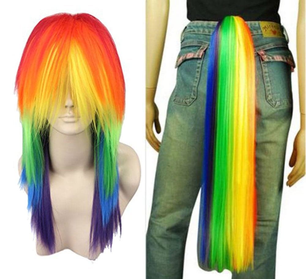 ANOGOL Hair Cap Rainbow Wig with Tail Long Straight Colorful Synthetic Wigs for Women Men MultiColored Scene Wigs Cosplay for Anime Cosplay Halloween Costume Christmas Party Outfit Mardi Gras Wig