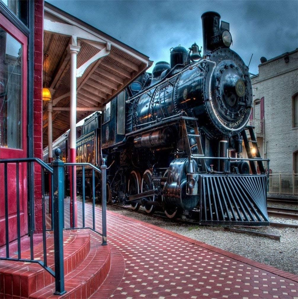 AOFOTO 8x8ft Old Steam Locomotove Photography Backdrop Vintage Train Station Photo Studio Background Kid Child Boy Girl Portrait Seamless Photoshoot Props Video Drape Wallpaper