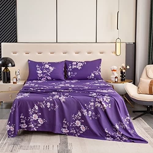 Bedlifes Queen Sheet Set Ultra Soft, Breathable, Silky Flower Deep Pocket 100% Microfiber Bedding, 4 Piece Queen Size Dark Purple Floral