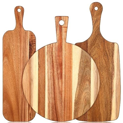 Uiifan 3 Pcs Acacia Wood Cutting Board with Handle Wooden Chopping Charcuterie Board Assorted Size Butcher Block Serving Tray for Cheese Pizza, 16 x 12 In, 17 x 7 In, 16 x 4.7 in