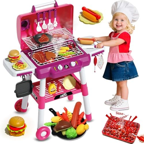 Kid Toy Grill BBQ Grill Playset with Light Sound Smoke Effect and 2 Wheels Pretend Food Little Chef Play Kitchen Accessories Christmas Birthday Gifts for Boys Girls Ages 3 4 5 6 7 8