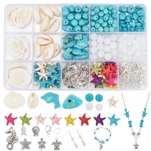 PH PandaHall 406pcs Ocean Jewelry Making Kit Starfish Seashell Beads Synthetic Turquoise Bead Tortoise Fish Beads Cowrie Shell for Summer Beach Necklace Earring Bracelet Anklet Jewelry Making