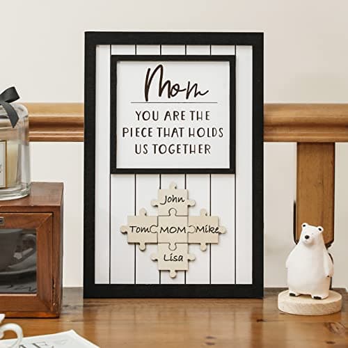 WODOHOLO Personalized Mom Puzzle Sign, Mom You Are the Piece That Holds Us Together,Thanksgiving Christmas Mothers Day Gifts, Customized Moms Puzzle Piece Sign for Home Wall Decor