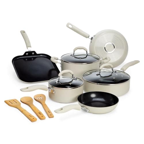 Goodful Ceramic Nonstick Pots and Pans Set, Premium Ceramic Coating Made without PFOA, PTFE or PFAS, Dishwasher Safe, 12-Piece, Cream