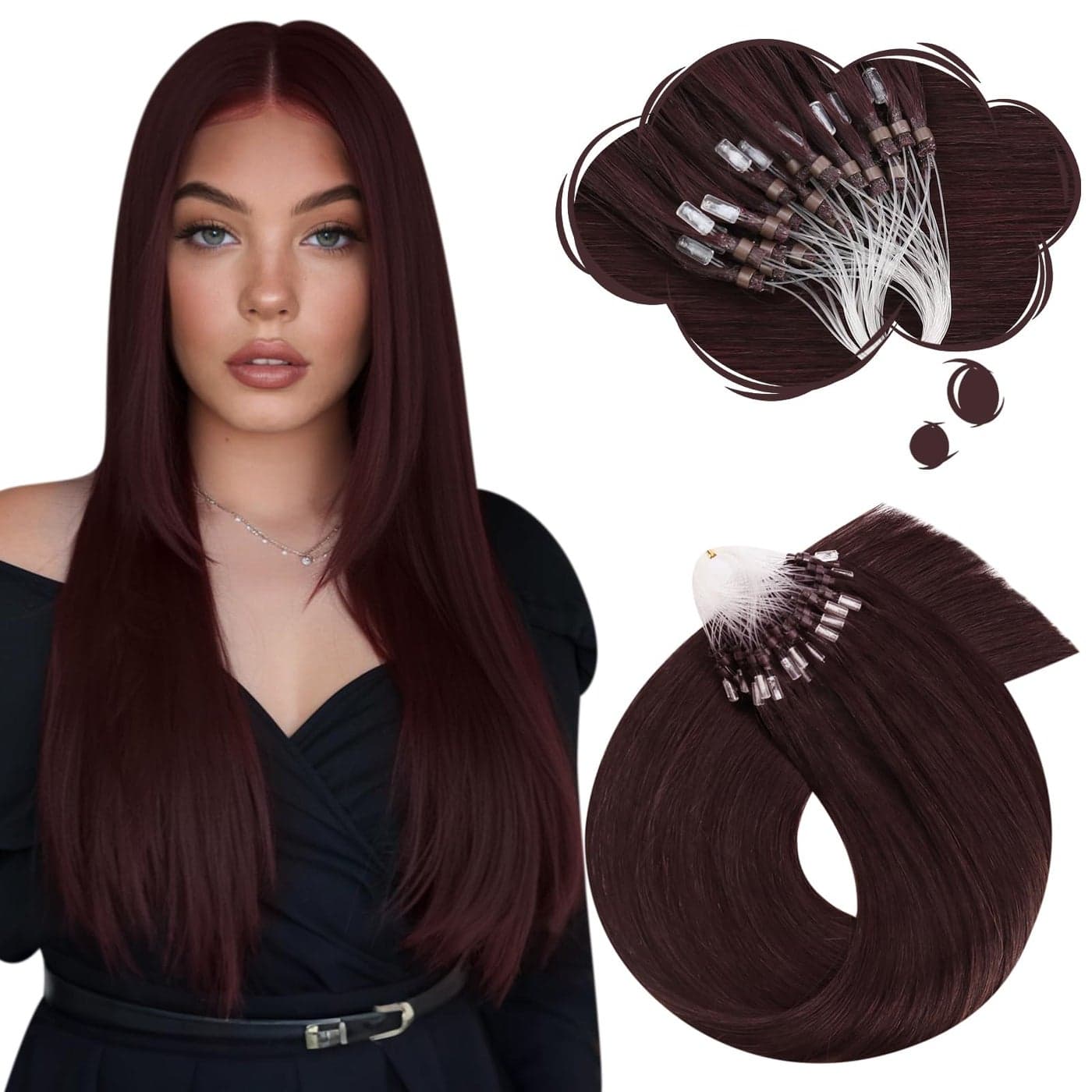Moresoo Micro Ring Hair Extensions Human Hair Wine Red Micro Loop Extensions Human Hair Red pre bonded Hair Extensions for women Straight 14 Inch 50S50G