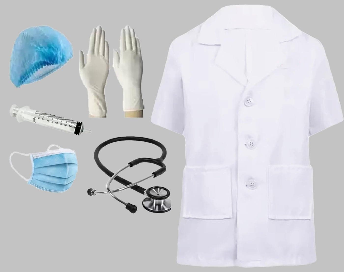 Fancy Steps Kids Half Sleeves Doctor Costume Coat Community Helpers Costumes Fancy dress competition for boys & girls Set of 6 (Coat, Mask, Injection, Stethoscope, Gloves, Cap) 2-3 Years