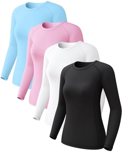 CL convallaria 4 Pack Women's Long Sleeve Compression Shirts, Cool Dry Workout Athletic Tops Sun Protection Cooling Shirts for Yoga Running Hiking Gym Black/White/Pink/Blue Small