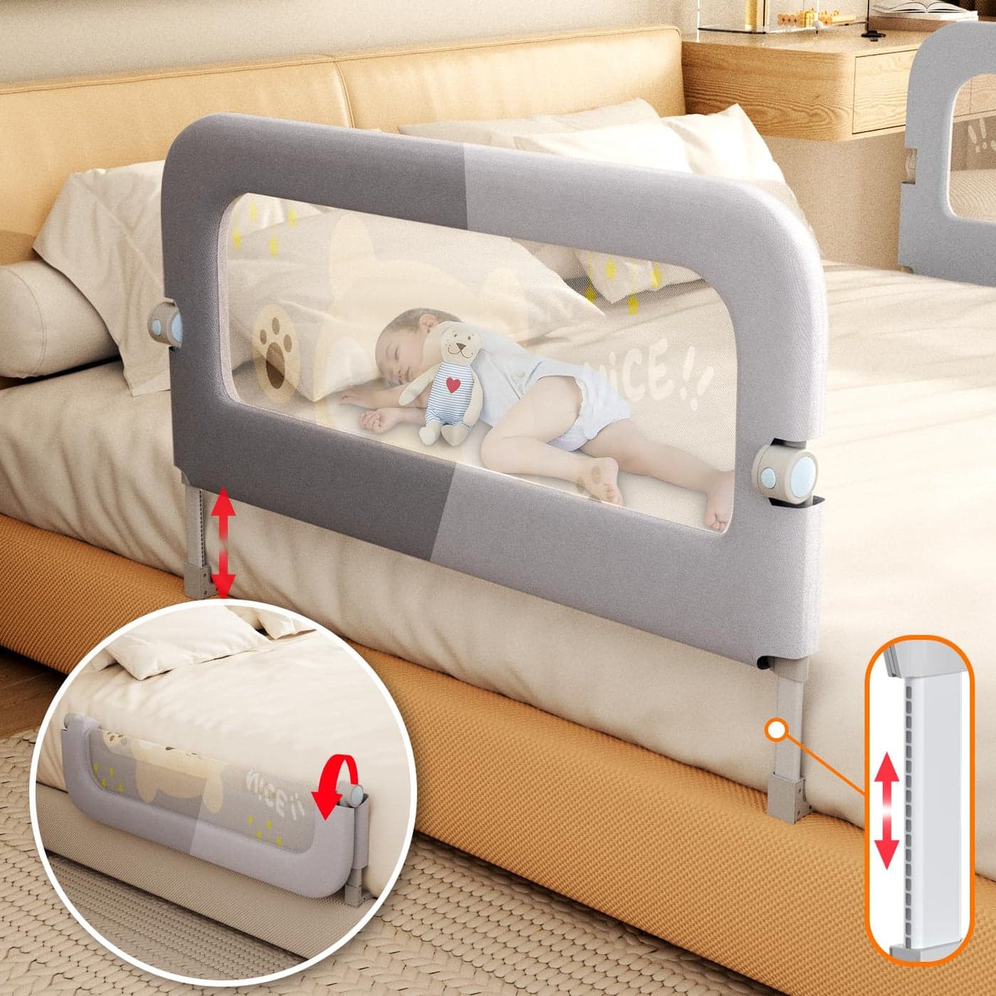Abdtech Bed Guard Rail for Toddlers - 47 inches Lift Foldable Toddler Bed Rails for Kids - Safety Baby Bed Rail Guard with Reinforced - Great Fit for Kids Twin Double, Full Size, Queen, King Size Bed