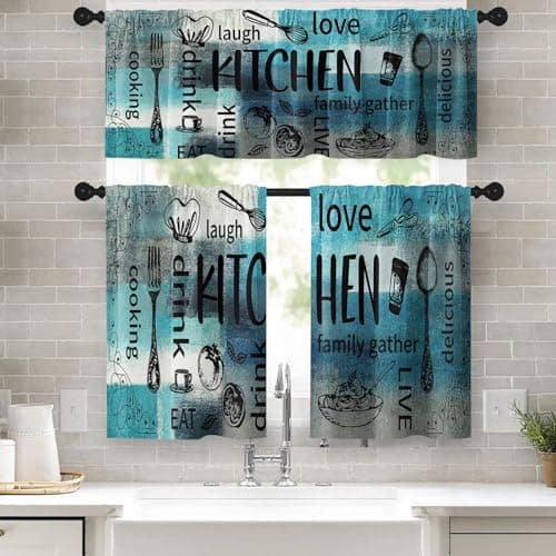 Tayney Farmhouse Chef Kitchen Window Curtains Valance and Tier Set 36 Inch, Modern Abstract Turquoise Teal Art Rod Pocket Short Tier Curtain for Bathroom, Funny Cafe Drapes for Kitchen Decor