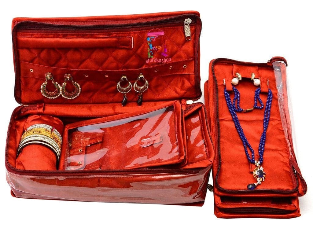 atorakushon Satin Maroon Make-Up Pouch Jewellery 4 Pouch 1 roll Bangle Necklace Organizer EarringsHalf Set Bag for Women Girls Non Woven