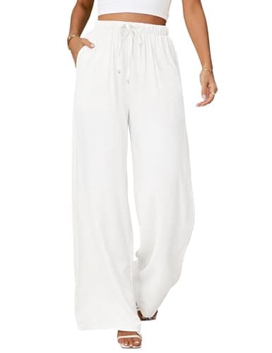 Jyanl White Linen Pants Women Flowy Wide Leg Palazzo Pants Boho High Waist Loose Beach Vacation Summer Trousers Dressy Long Pants Vacation Outifits