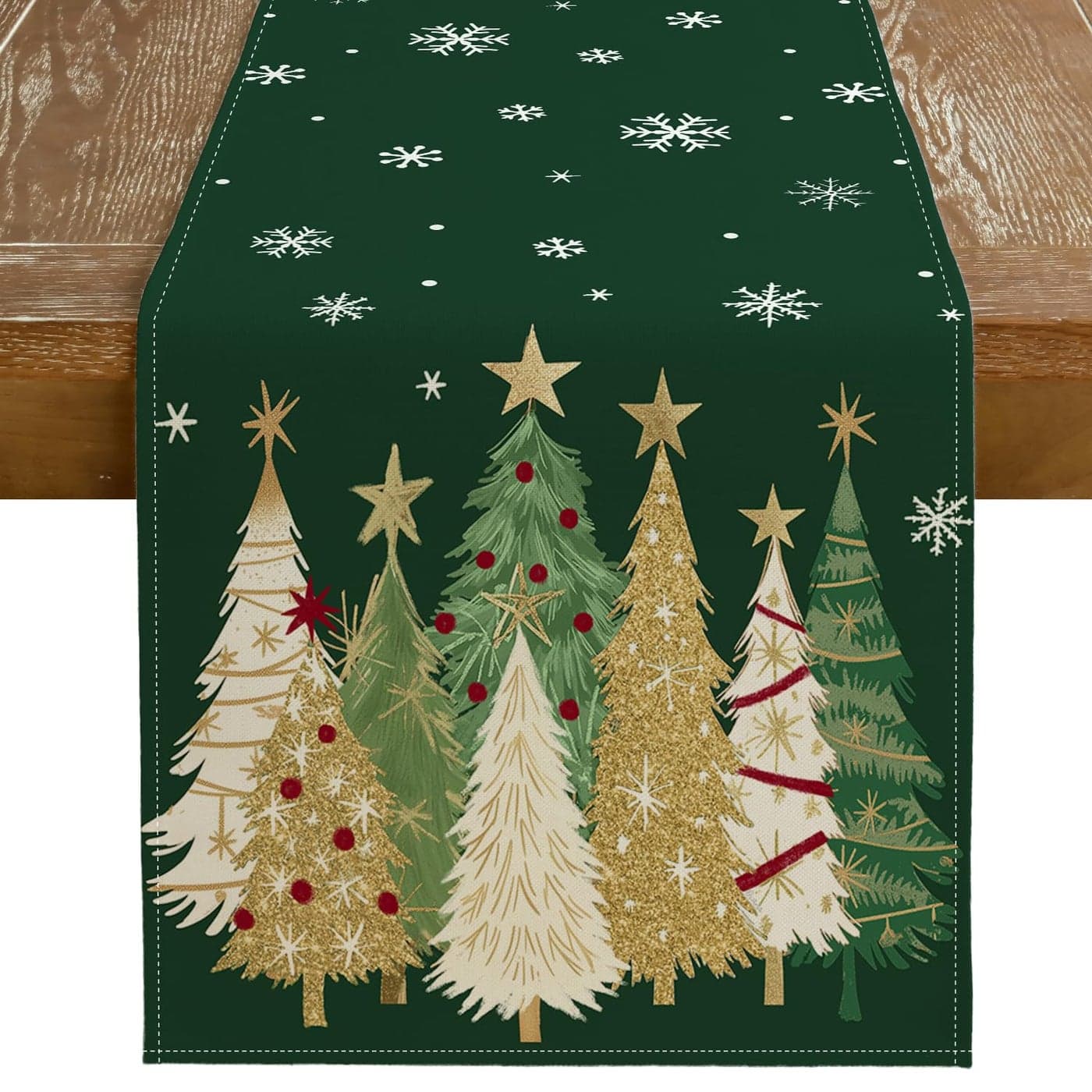 GEEORY Christmas Table Runner 13x120 Inch Xmas Trees Snowflakes Holiday Decorative Farmhouse Table Decoration for Kitchen Dinning Indoor Outdoor Dinner Party Decor Green GT152120