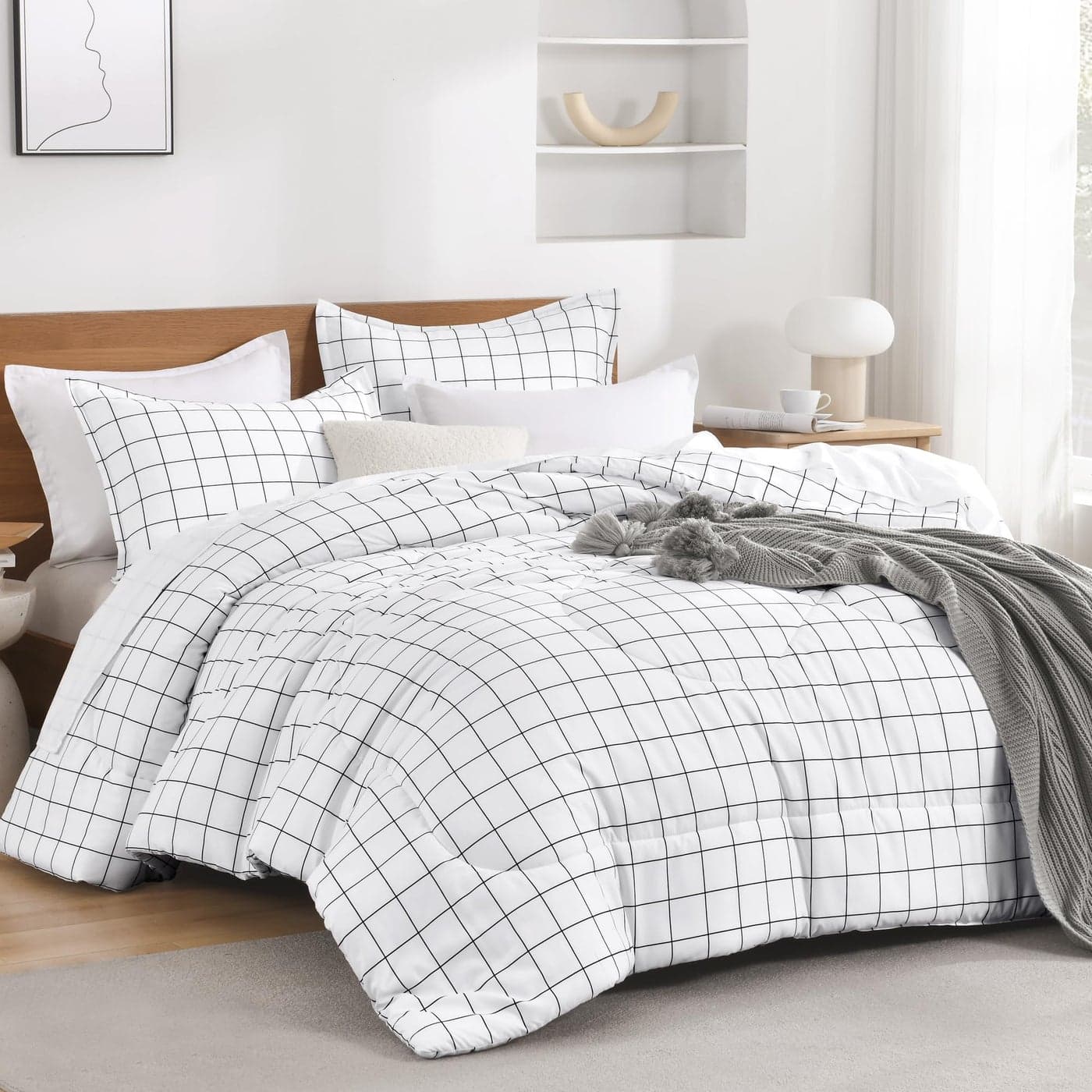 Andency Plaid Comforter Queen90x90 Inch White Grid Gingham Bed Set for Teen Boys Kids Lightweight Reversible Preppy Bedding3 Pieces1 Comforter and 2 Pillowcases