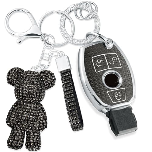 Rayslesan Cute Key Fob Cover with Rhinestone Bear Charm Bling TPU Smart Key Case for Women Compatible with Mercedes Benz CC AMG EE AMG R S G CL GLK ML Series 3Button Silver Black