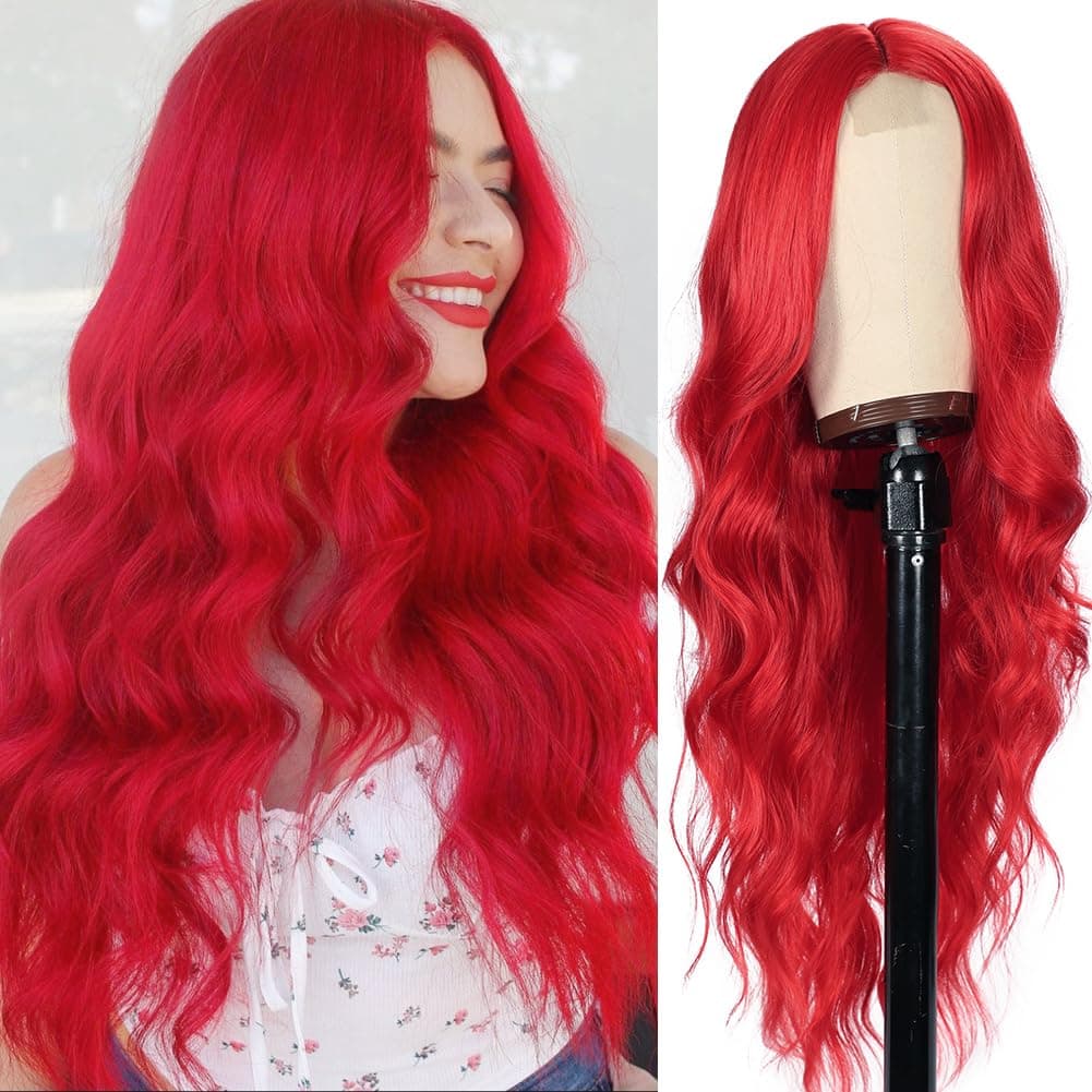 Colorful Queen Red Wigs for Women 26 Inch Long Red Wig Curly Wavy Wig Natural Looking Synthetic Lace Wig for Daily Party Use Halloween Cosplay