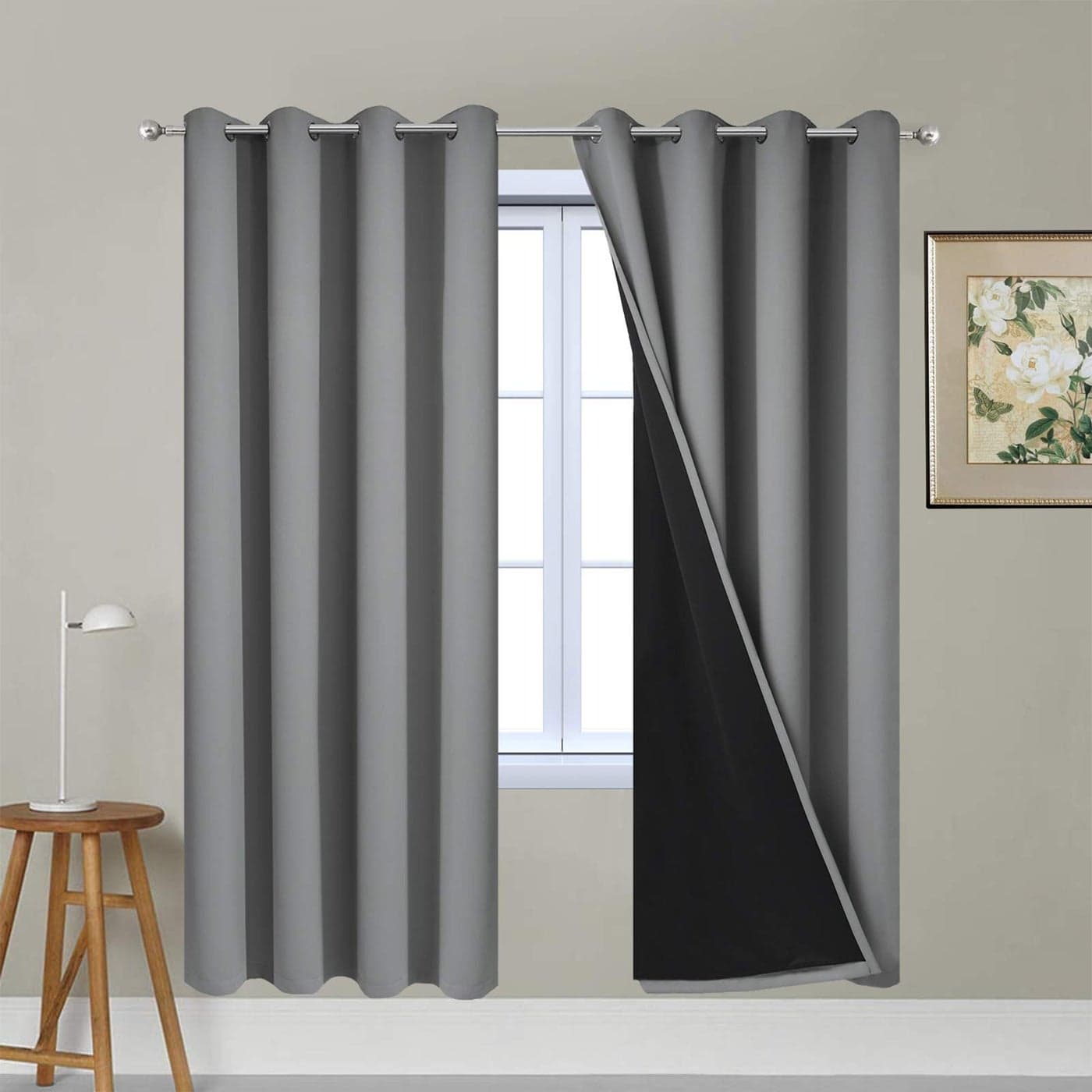 Yakamok Gray Full Shading Curtain Panels for Windows 2 Thick Layers Thermal Insulated Drapes with Black Liner for Living Room52Wx72L Grey 2 Panels