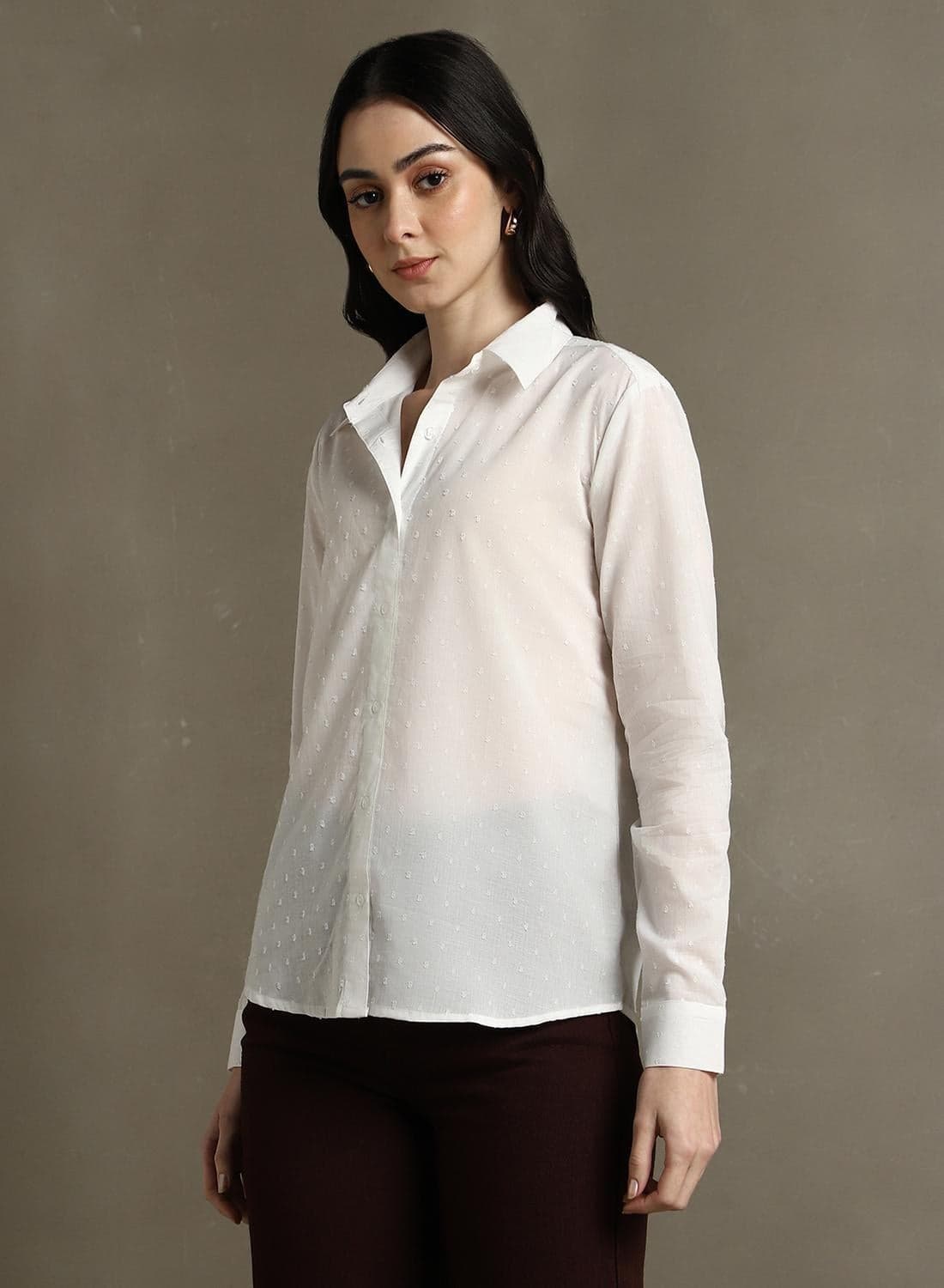 Women's White 100% Cotton Solid Textured Regular Fit Shirt