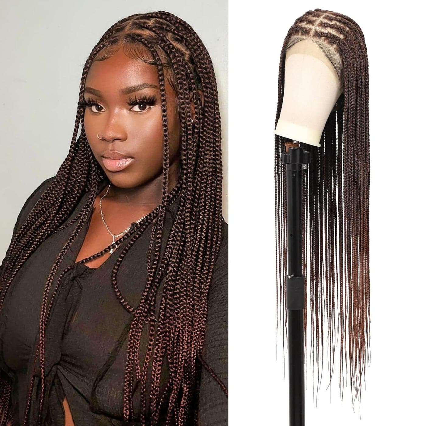 Brinbea 360 HD Lace Front Braided Wigs Knotless Braided Wigs for Women Box Braid Wig with Baby Hair Brown Human Hair Blended Braided wigs 36 inch