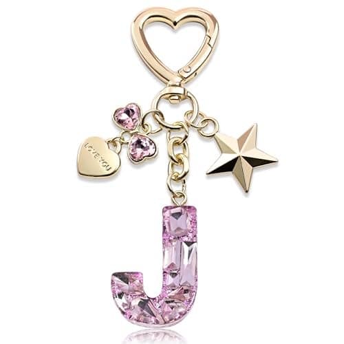 Cute Keychain initial Letter Butterfly Star Pink Purple Bling Gift for Women Girls Bag Cup Charms Accessories (J-pink)