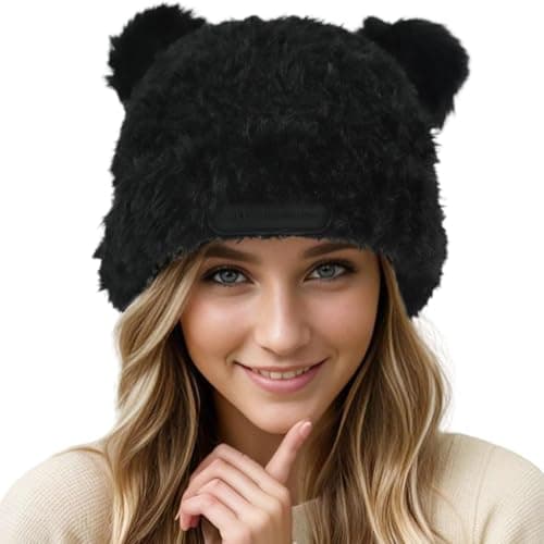 SANNIDHI® Winter Hat for Women, Cute Fuzzy Bear Ear Beanie Cap for Women, Black Warm Soft Plush Hats for Women, Cute Knitted Hat for Women Teen Girls - Fits Head Circumference 55-59cm