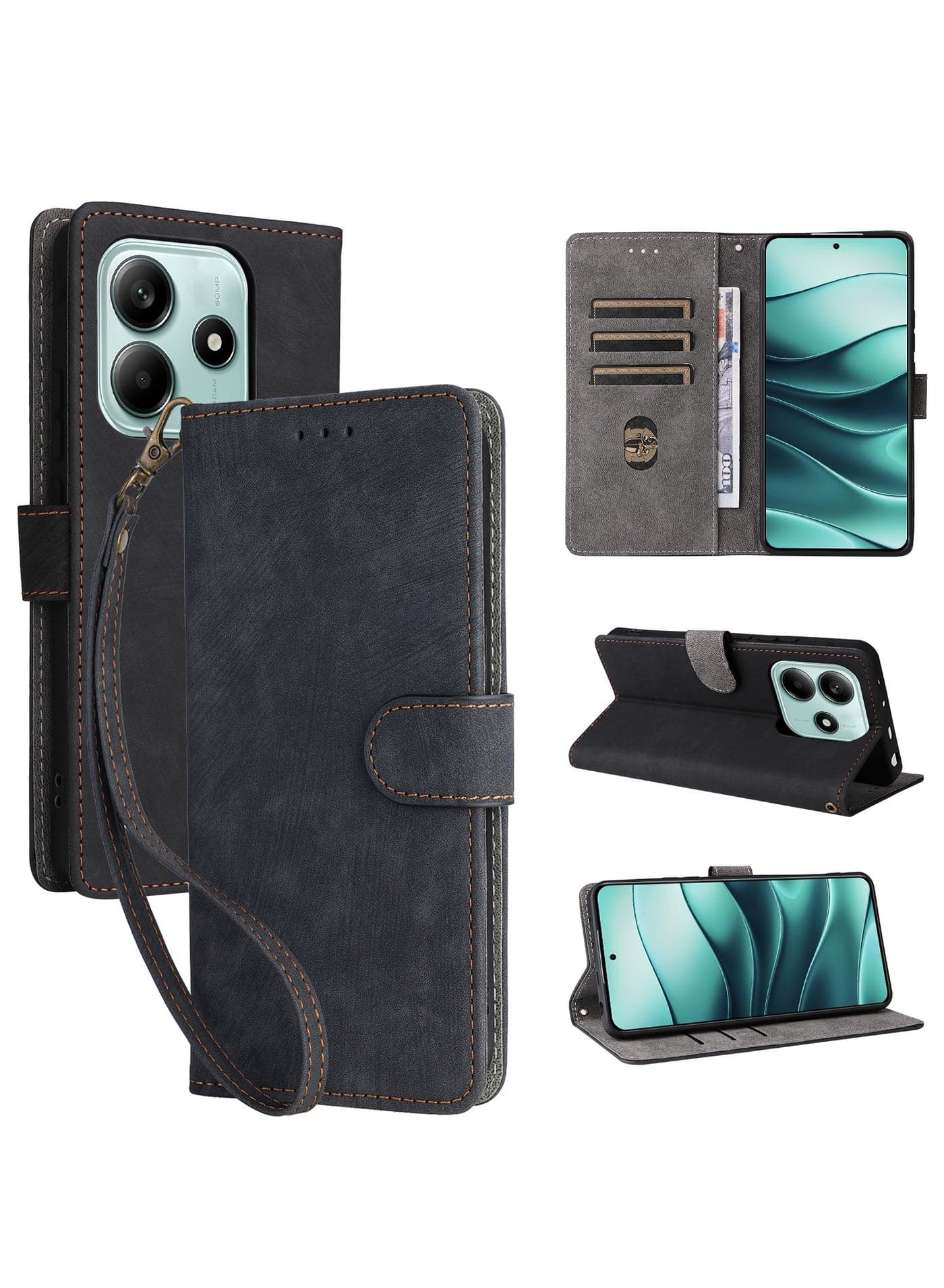 For Xiaomi Redmi Note 14 5G / Xiaomi POCO M7 Pro 5G Cover with Hand Strap, PU Leather Full Body Protection Shockproof Flip Mobile Cover, RFID Anti-theft Brush Folio Wallet Case