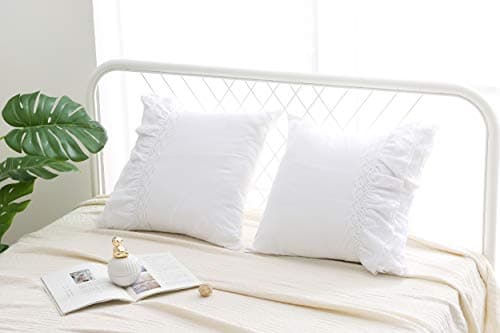 White Lace Square Pillow Covers Euro Shams with Ruffles Cotton 18"X18" 2-Pack Zipper Closure Luxury Elegant