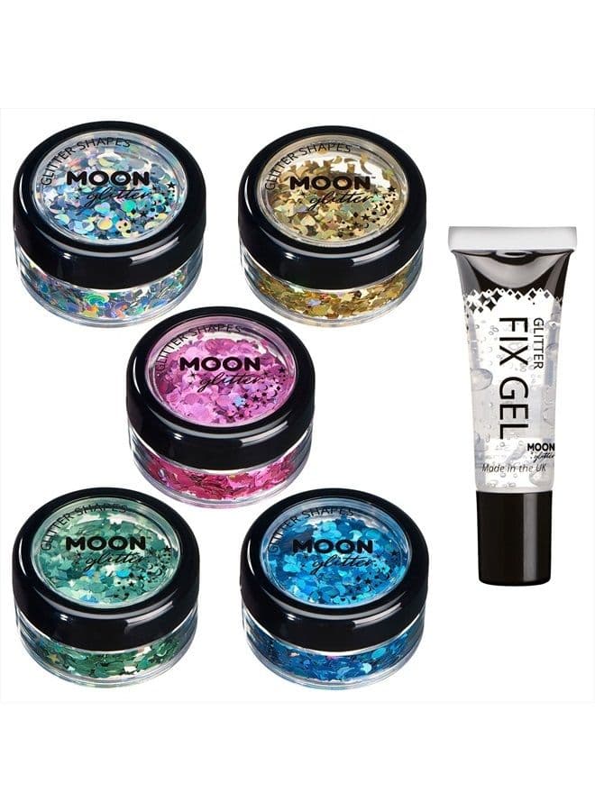 Holographic Glitter Shapes by Moon Glitter – 100% Cosmetic Glitter for Face, Body, Nails, Hair and Lips - 0.10oz - Set of 5 colours