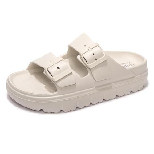 FUNKYMONKEY EVA Slides for Women Thick-sole Adjustable Double Buckle Waterproof Platform Sandals (7 M US, Beige/HDSPK)