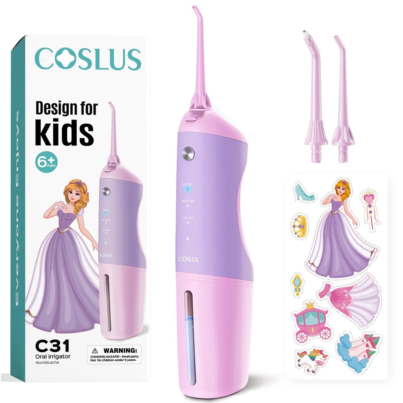 COSLUS Kids Water Dental Flosser Deep Cleaning Picks Portable 4 Modes for Ages 6 Safe Waterproof Rechargeable with 2 Jet Tips for Gums Care Pink Purple
