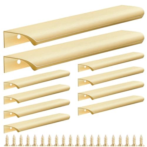 Malimali 10 Pack Gold Edge Finger Pulls for Cabinets Wardrobes 7.87" Kitchen Cabinet Pulls Handles Drawer Pulls Modern Aluminum Concealed Tab Pulls for Closet Door, Brushed Brass