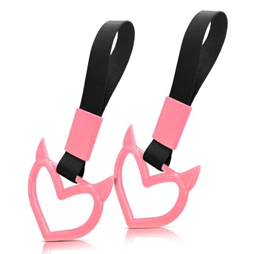JUYQZ 2 Pcs Devil Heart Shaped Car Handle Strap JD M Drift Charm Rear Bumper Warning Ring Decor for Car Interior Exterior Subway Bus Handle Accessory Cute Heart Car Decor Gift for Drivers Pink