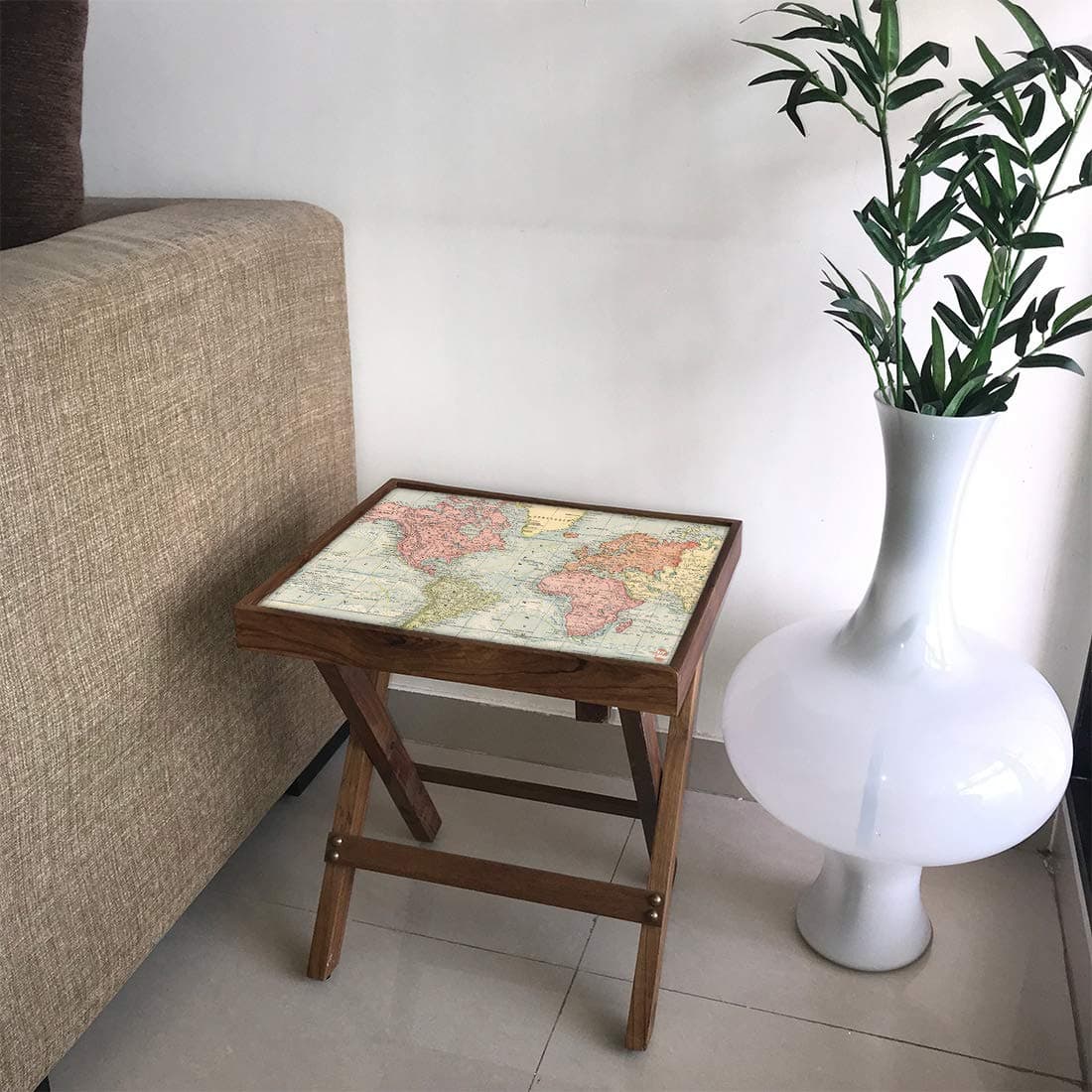 Nutcase Designer Teak Wood Side Table Folding Wooden Bedside Coffee Outdoor Picnic Table Vintage Designer Map