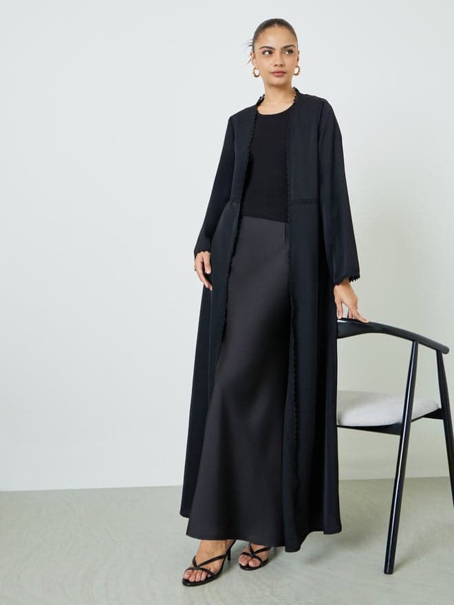 Styli Black Front Open Abaya with Lace Trim