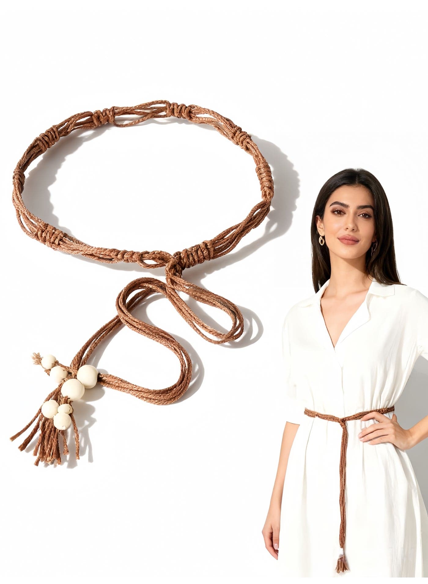 Women's Tassel Belt Handmade Woven Belt Bohemian Style Dress Sweater Belt Vintage Brown