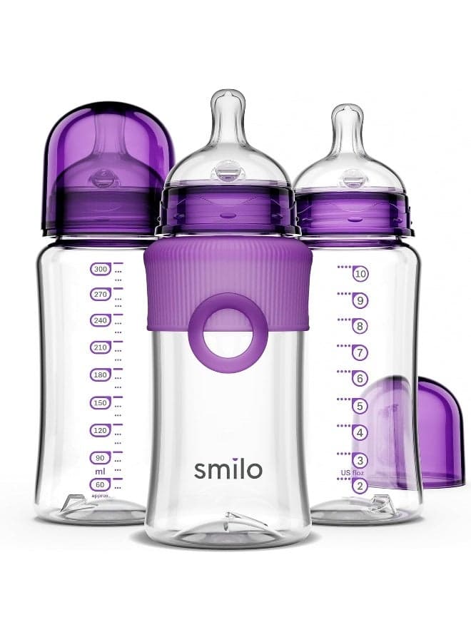 Smilo Baby Bottle Set with Stage 0 Slow Flow Anti Colic, 10 Oz / 300 ml Capacity, 3X Pack of Anti Colic Baby Bottles 0-3 Months - Plum Purple