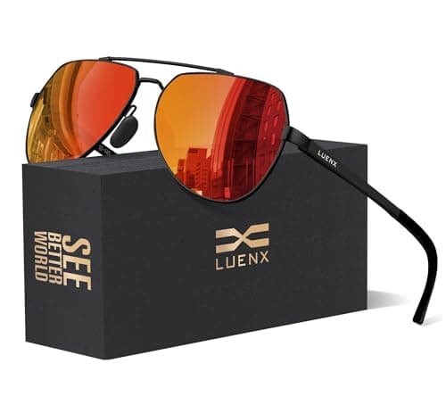 LUENX Men Women Aviator Sunglasses Polarized Shades Flexible Spring Hinge -Orange Mirror Lens Black frame 60mm