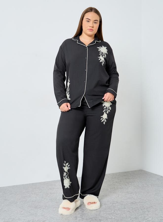 Styli Plus Size Floral Print Shirt and Pyjama Set
