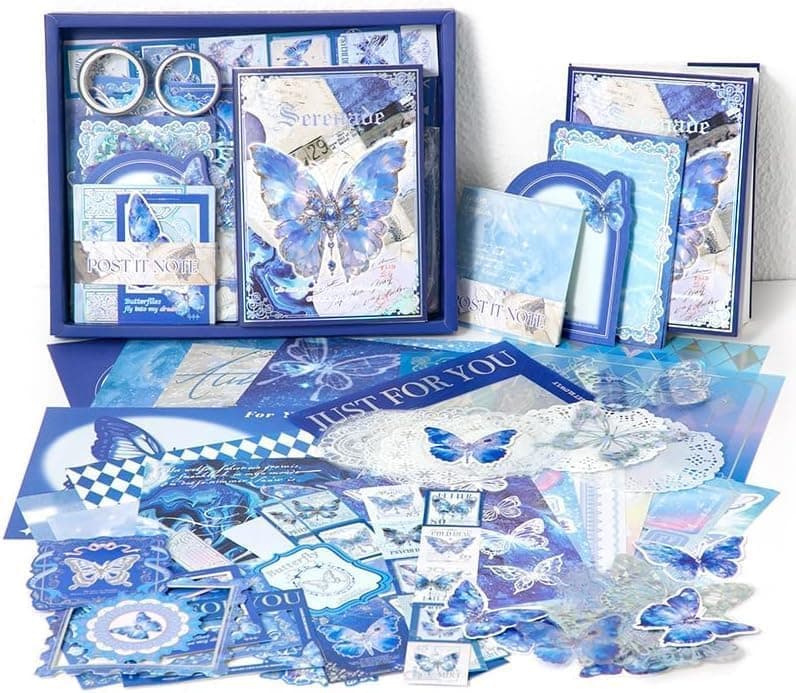 LANLOY 346pcs Journal Supplies Kit Vintage Scrapbook Stickers Art Journaling Bullet Junk Journal Planners DIY Decoration Paper Stickers Craft Kits Notebook Collage Album (Blue - Butterfly)