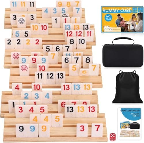 Timissu Rummy Cube 6 Player Edition with 6 Wooden Racks 160 Tiles Rummy Cube Game with Case 6 Players Travel Size Rummy Game Large Number Rummy Tiles Travel Game Set for Family Classic Board Games