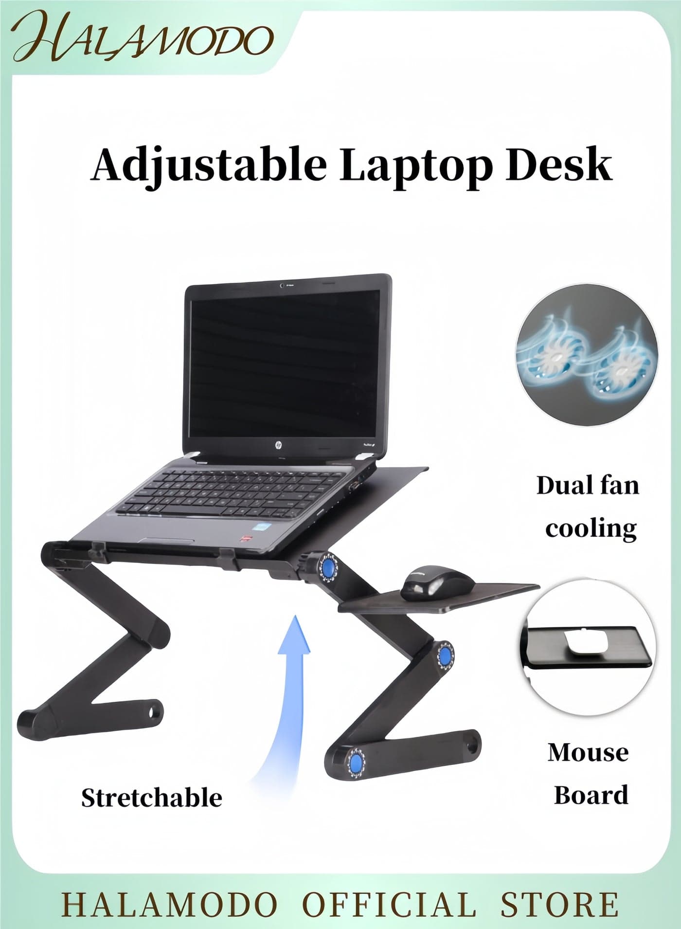 Adjustable Laptop Desk with Double Cooling Fans & Mouse Board Ergonomic Vented Table Stand Portable Computer Table for Office & Bedroom & Tabletop