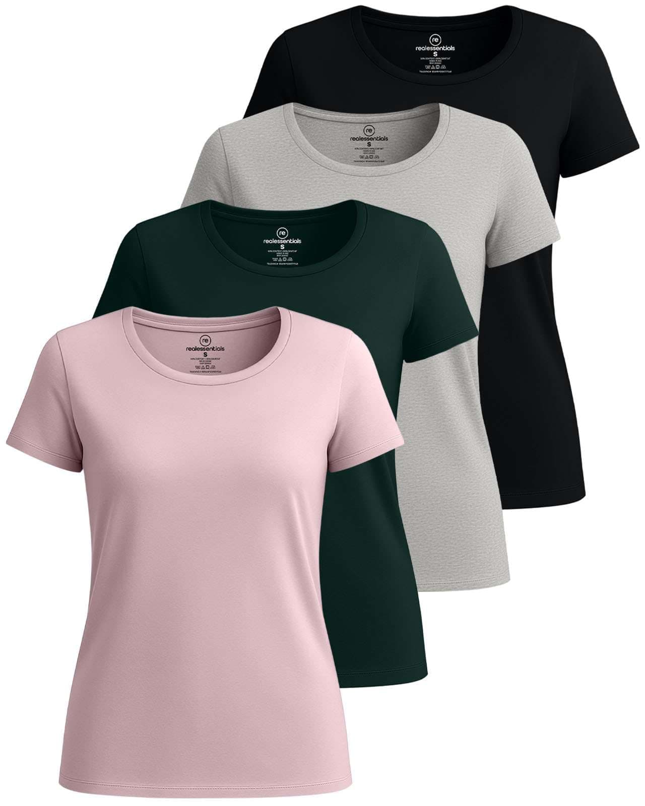 Real Essentials 4 Pack: Women's Cotton Short Sleeve T-Shirt - Casual Scoop Crew Neck Tops Tee (Available in Plus Size) - Set 4,XL